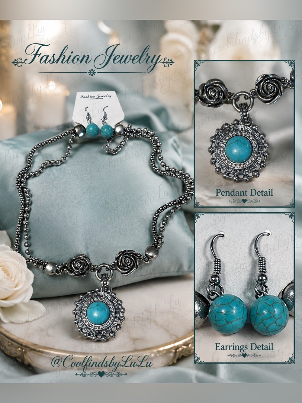 Rose & Turquoise Silver-Tone Necklace with Matching Earrings — necklace , ~9″